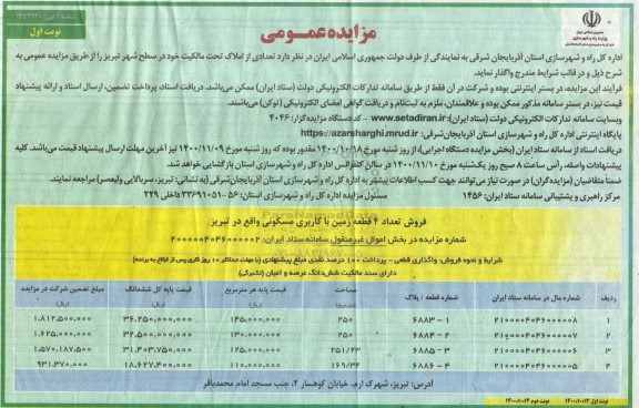 مزایده مزایده فروش تعداد 4 قطعه زمین با کاربری مسکونی نوبت اول 