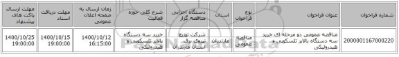 مناقصه عمومی دو مرحله ای خرید سه دستگاه بالابر تلسکوپی و هیدرولیکی