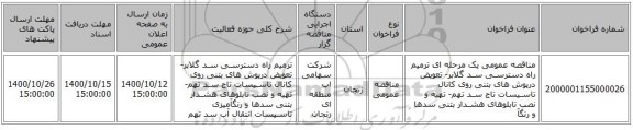 مناقصه عمومی یک مرحله ای ترمیم راه دسترسـی سـد گلابر- تعویض درپوش های بتنی روی کانال تاسـیسات تاج سـد تهم- تهیه و نصب تابلوهای هشـدار بتنی سدها و رنگآ