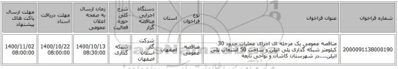 مناقصه عمومی یک مرحله ای اجرای عملیات حدود 30 کیلومتر شبکه گذاری پلی اتیلن و ساخت 50 انشعاب پلی اتیلن....در شهرستان کاشان و نواحی تابعه 