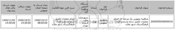 مناقصه عمومی یک مرحله ای انجام عملیات تکمیل سازه وسفت کاری فرهنگسرای شهر  ملارد