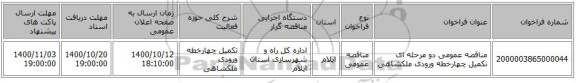 مناقصه عمومی دو مرحله ای تکمیل چهارخطه ورودی ملکشاهی