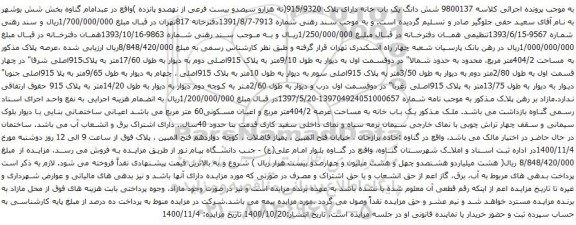 آگهی مزایده شش دانگ یک باب خانه دارای پلاک 915/9320