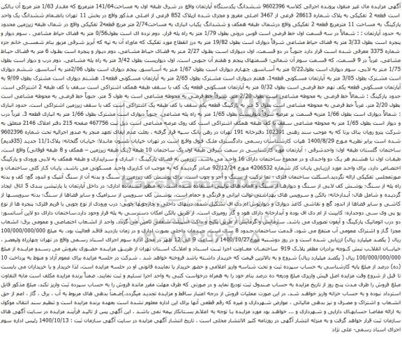 آگهی مزایده ششدانگ یکدستگاه آپارتمان واقع در شرق طبقه اول به مساحت141/64 مترمربع