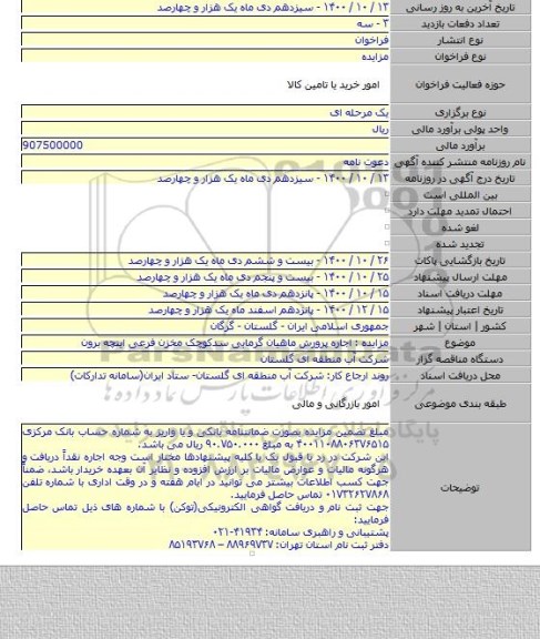مزایده : اجاره پرورش ماهیان گرمابی سدکوچک مخزن فرعی اینچه برون
