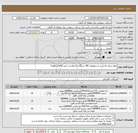 استعلام چهار ردیف رله تریپ و سوپرویژن 80 دستگاه (درخواست خرید 46فشارقوی)