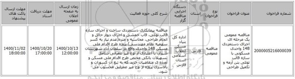 مناقصه عمومی یک مرحله ای اجرای دستمزدی 148 واحدی مسکونی با سازه قالب تونلی بتن آرمه و تکمیل طراحی