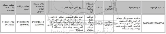 مناقصه عمومی یک مرحله ای خرید دکل تلسکوپی جرثقیل 15 تنی و ساخت و شاسی کشی کفی ،نصب و راه اندازی دستگاه 