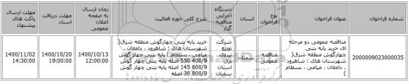 مناقصه عمومی دو مرحله ای خرید پایه بتنی چهارگوش منطقه شرق( شهرستان های : شاهرود ، دامغان  ، میامی ، بسطام )  