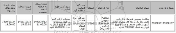 مناقصه عمومی همزمان با ارزیابی (فشرده) یک مرحله ای عملیات قرائت کنتور در اقطار مختلف و چاپ و توزیع قبوض به تعداد 2600000 فقره 
