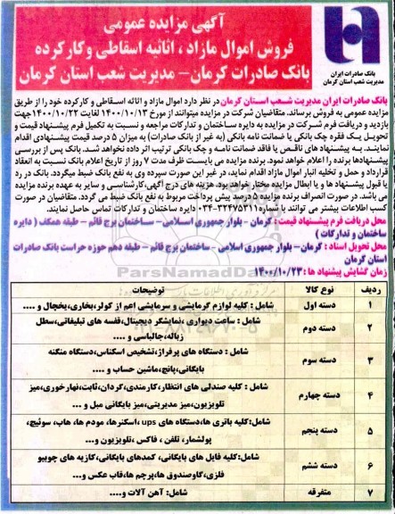 مزایده عمومی فروش اموال مازاد، اثاثیه اسقاطی و کارکرده