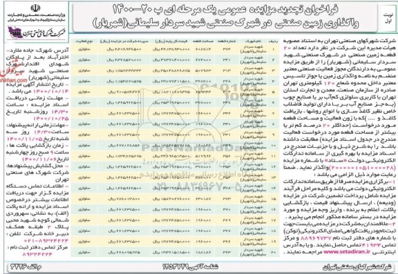 تجدید مزایده، تجدید مزایده عمومی 20 قطعه زمین صنعتی