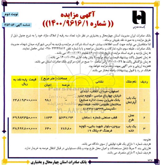 مزایده،مزایده فروش سه رقبه از املاک مازاد نوبت دوم