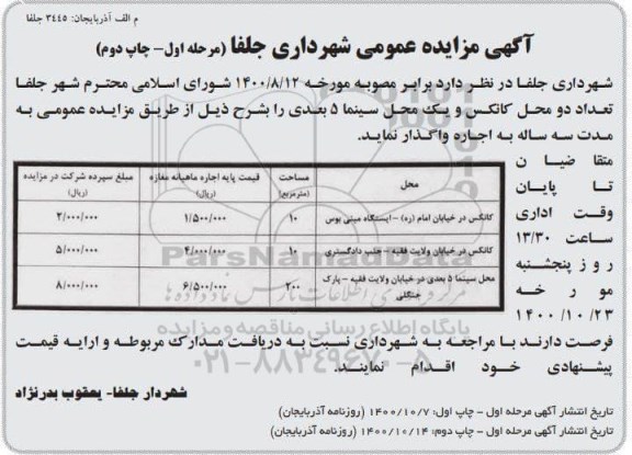 مزایده، مزایده واگذاری تعداد دو محل کانکس و یک محل سینما 5 بعدی 