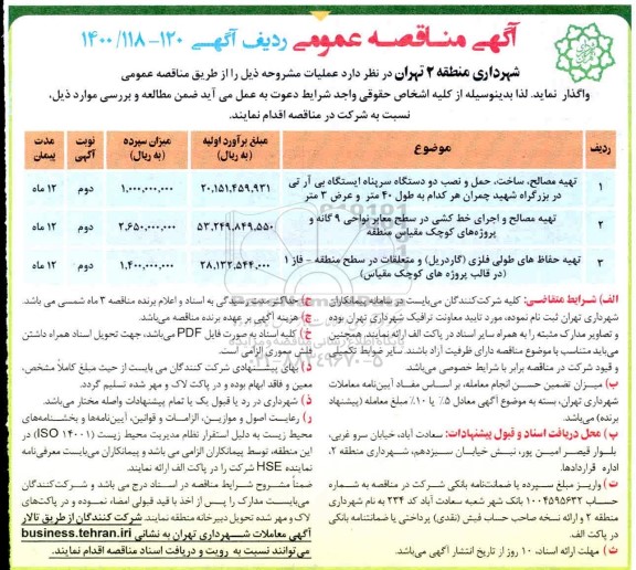 مناقصه ​تهیه مصالح، ساخت، حمل و نصب دو دستگاه سرپناه و...