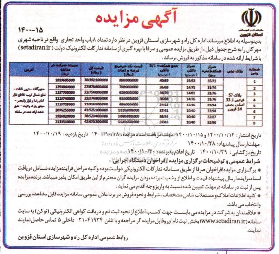 مزایده،مزایده فروش 8 باب واحد تجاری 