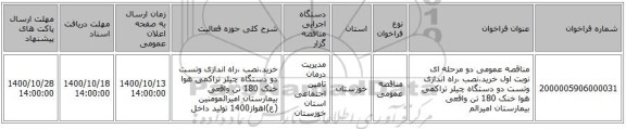مناقصه عمومی دو مرحله ای   نوبت اول خرید،نصب ،راه اندازی وتست دو دستگاه چیلر تراکمی هوا خنک 180 تن واقعی  بیمارستان امیرالم
