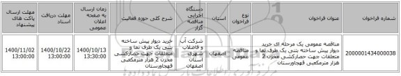 مناقصه عمومی یک مرحله ای خرید دیوار پیش ساخته بتنی یک طرف نما و متعلقات جهت حصارکشی  مخزن 2 هزار مترمکعبی قهجاورستان 