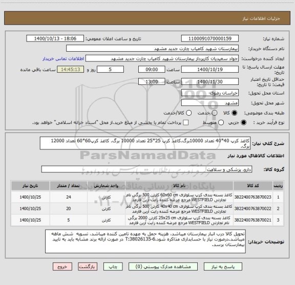 استعلام کاغذ کرپ 40*40 تعداد 10000برگ.کاغذ کرپ 25*25 تعداد 10000 برگ. کاغذ کرپ60*60 تعداد 12000 برگ.