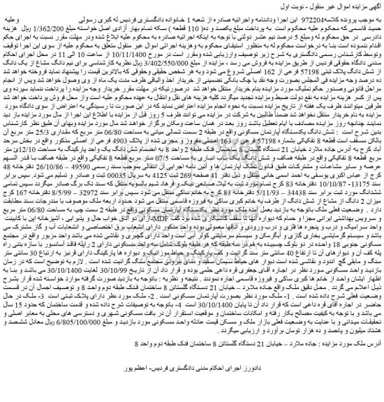 مزایده،مزایده فروش شش دانگ یکدستگاه آپارتمان مسکونی