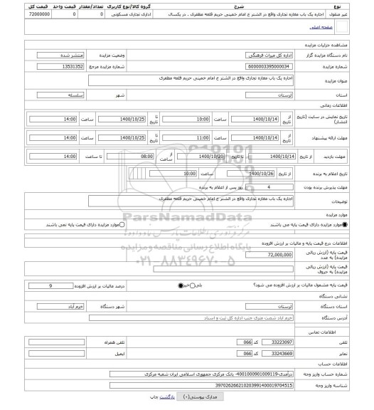 مزایده ، اجاره یک باب مغازه تجاری واقع در الشتر خ امام خمینی حریم قلعه مظفری 