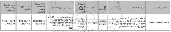 مناقصه عمومی یک مرحله ای خرید لوله پلی اتیلن  400  م م به  مقدار 6500 متر (pn10-pe100)   مربوط به طرح  روستای جسانیه اهواز