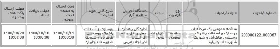 مناقصه عمومی یک مرحله ای  بهسازی و آسفالت راههای روستایی طاهرآباد و شوریک شهرستان چایپاره  
