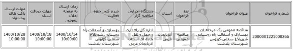 مناقصه عمومی یک مرحله ای  بهسازی و آسفالت راه روستایی شوربلاغ سفلی-کولوس شهرستان پلدشت ‏‏‏‏