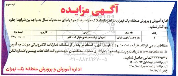 مزایده املاک مازاد بر نیاز 