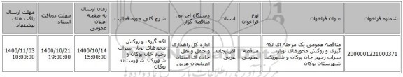 مناقصه عمومی یک مرحله ای لکه گیری و روکش محورهای نوبار- سراب رحیم خان بوکان و شهریکند شهرستان بوکان