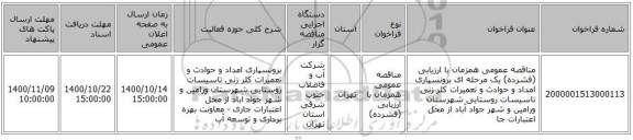 مناقصه عمومی همزمان با ارزیابی (فشرده) یک مرحله ای برونسپاری امداد و حوادث و تعمیرات کلر زنی تاسیسات روستایی شهرستان ورامین و شهر جواد آباد از محل اعتبارات جا