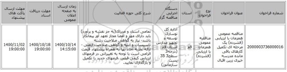 مناقصه عمومی همزمان با ارزیابی (فشرده) یک مرحله ای تکمیل کارهای باقی مانده مدرسه خیری زرین اقبال