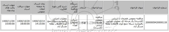 مناقصه عمومی همزمان با ارزیابی (فشرده) یک مرحله ای عملیات اجرایی باقیمانده شبکه جمع آوری فاضلاب محله مسگر آباد