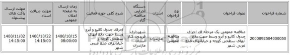 مناقصه عمومی یک مرحله ای اجرای جدول کانیو و آبرو وسط جهت دفع آبهای سطحی کوچه و خیابانهای ضلع غربی شهر 