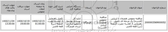 مناقصه عمومی همزمان با ارزیابی (فشرده) یک مرحله ای تکمیل راهنمایی 3 کلاسه حضرت خدیجه (س) قلعه قاضی 