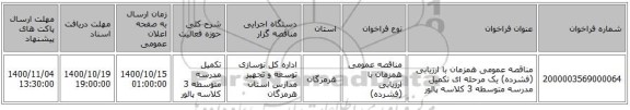 مناقصه عمومی همزمان با ارزیابی (فشرده) یک مرحله ای تکمیل مدرسه متوسطه 3 کلاسه پالور 
