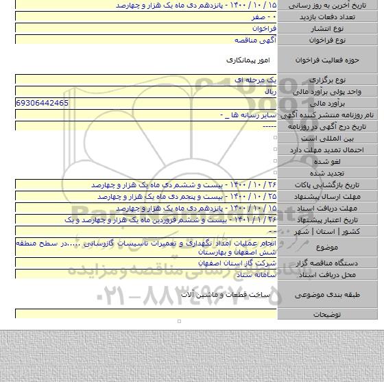 انجام عملیات امداد نگهداری و تعمیرات تاسیسات گازرسانی .....در سطح منطقه شش اصفهان و بهارستان