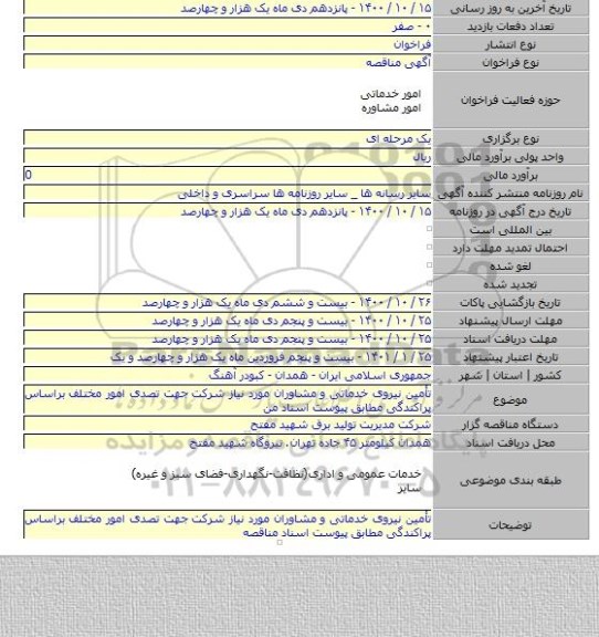 تأمین نیروی خدماتی و مشاوران مورد نیاز شرکت جهت تصدی امور مختلف براساس پراکندگی مطابق پیوست اسناد من