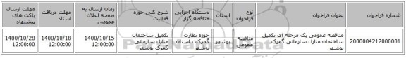 مناقصه عمومی یک مرحله ای تکمیل ساختمان منازل سازمانی گمرک بوشهر