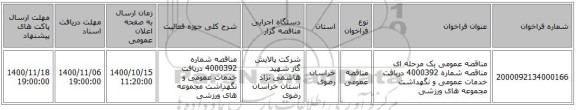 مناقصه عمومی یک مرحله ای مناقصه شماره 4000392 دریافت خدمات عمومی و نگهداشت مجموعه های ورزشی