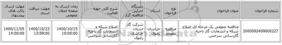 مناقصه عمومی یک مرحله ای اصلاح شبکه و انشعابات گاز ناحیه گازرسانی سرخس