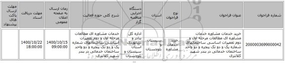 خرید خدمات مشاوره خدمات مشاوره ای مطالعات مرحله اول و دوم تعمیرات اساسی ساختمانهای شماره یک و دو تک پنجره و دو واحد ساختمان خدماتی در بندر شهید کلانتری