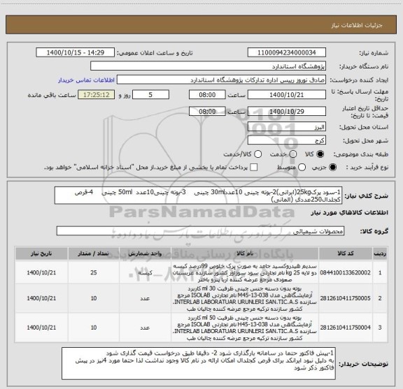 استعلام 1-سود پرک25kg(ایرانی)2-بوته چینی 10عدد30ml چینی    3-بوته چینی10عدد  50ml چینی    4-قرص کجلدال250عددی (المانی)