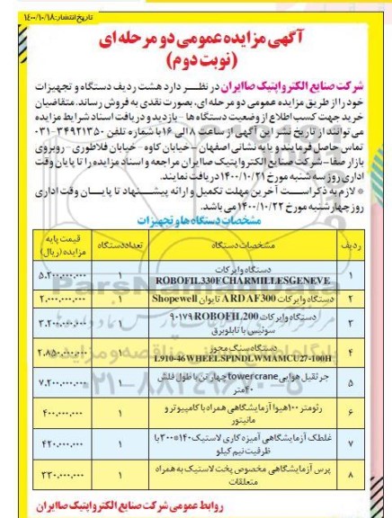 مزایده هشت ردیف دستگاه و تجهیزات نوبت دوم 