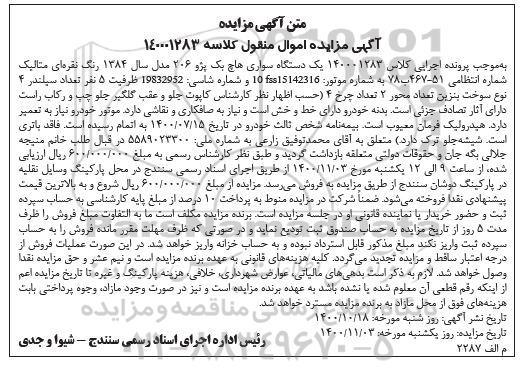مزایده یک دستگاه سواری هاچ بک پژو 206
