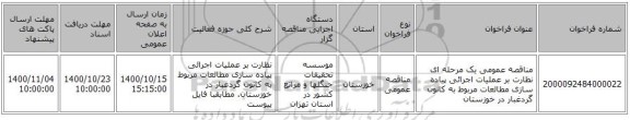 مناقصه عمومی یک مرحله ای نظارت بر عملیات اجرائی پیاده سازی مطالعات مربوط به کانون گردغبار در خوزستان