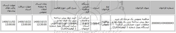 مناقصه عمومی یک مرحله ای خرید دیوار پیش ساخته بتنی یک طرف نما و متعلقات جهت حصارکشی  سایت ایستگاه پمپاژ شماره 1 کوهپایه(فاز1) 