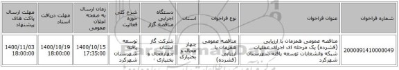 مناقصه عمومی همزمان با ارزیابی (فشرده) یک مرحله ای اجرای عملیات شبکه وانشعابات توسعه یافته شهرستان شهرکرد