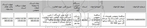 مناقصه عمومی همزمان با ارزیابی (فشرده) یک مرحله ای خرید یک دستگاه ژنراتور گاز سوز 460 KV
