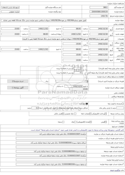طبق مجوز شماره400/464 ش مورخه1400/09/28 شورای اسلامی شهر مزایده شش دانگ تعداد10 قطعه زمین تجاری
